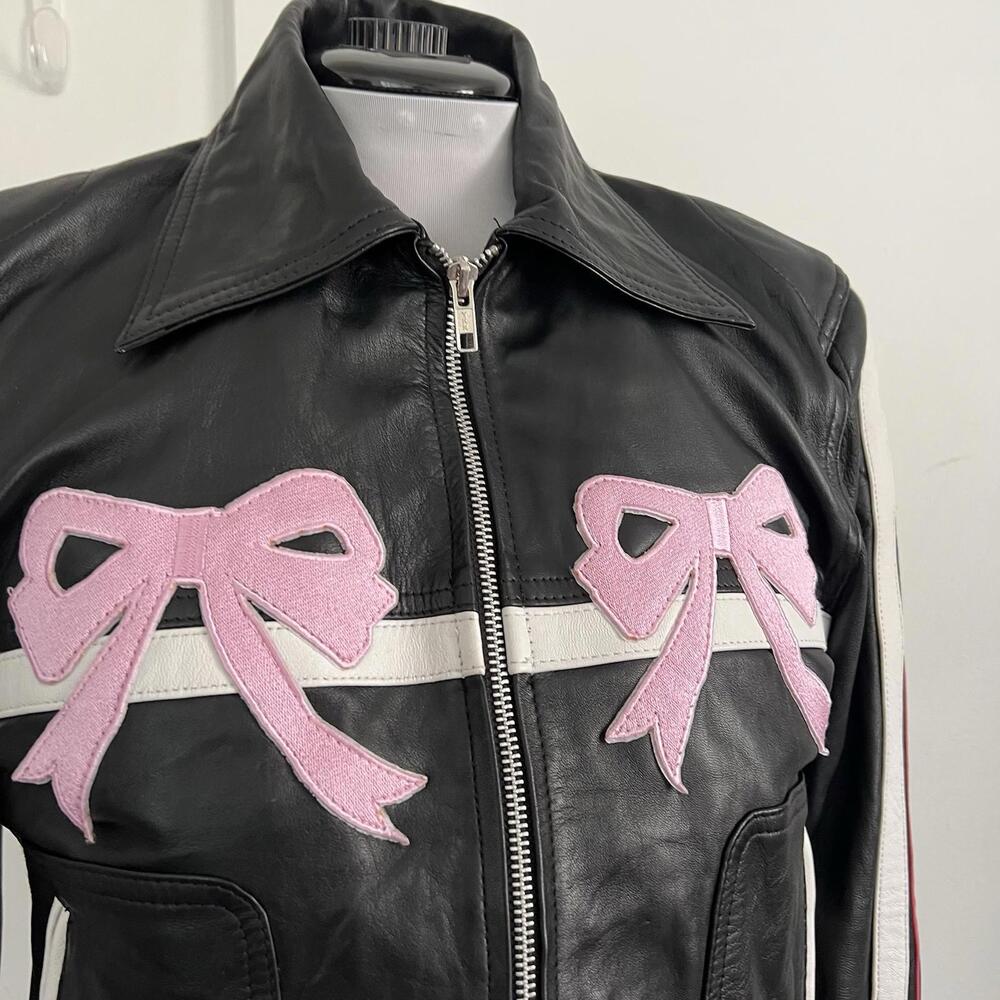 Jackets Junction Real Leather Bomber Jacket M Black Pink Bow Coquette Biker - Picture 2 of 9